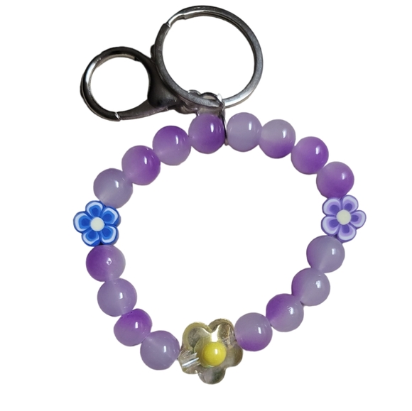 Purple Multicolored Flower Bead Elastic Bracelet Keychain - Picture 5 of 6
